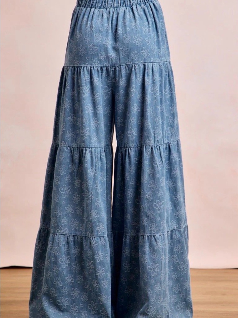 BiBi Wide-Leg Tiered Palazzo Pants in Faded Denim Blue - Picture 3 of 5
